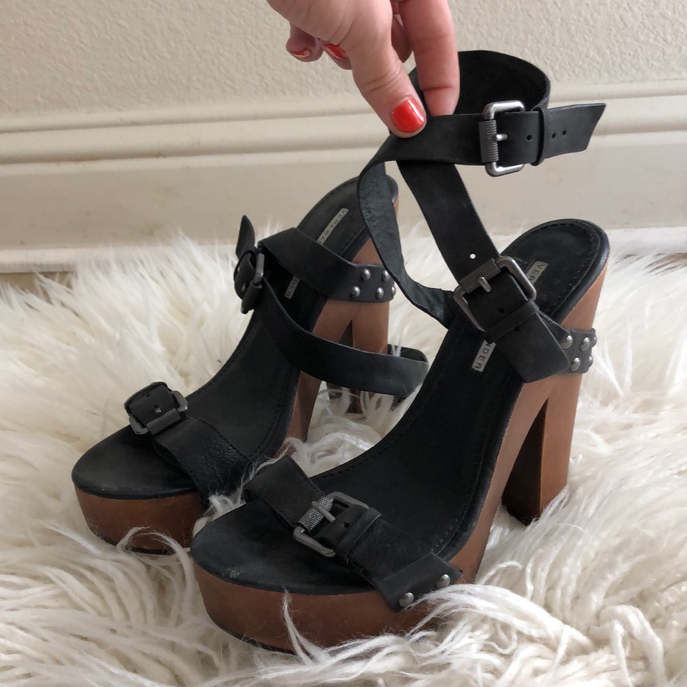 Chunky, strappy, black buckled heels